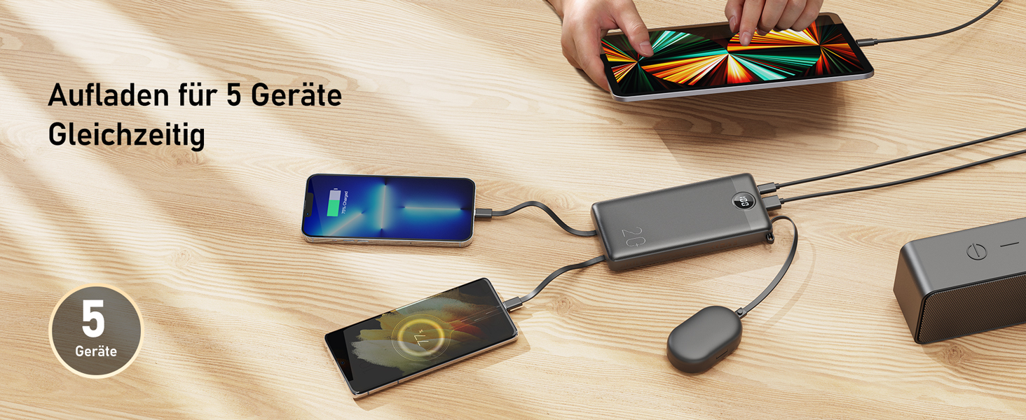 Power Bank 10000mAh з LED дисплеєм та інтегрованими кабелями. Сумісний з iPhone, iPad, Samsung, Xiaomi, Google Pixel. Чорний