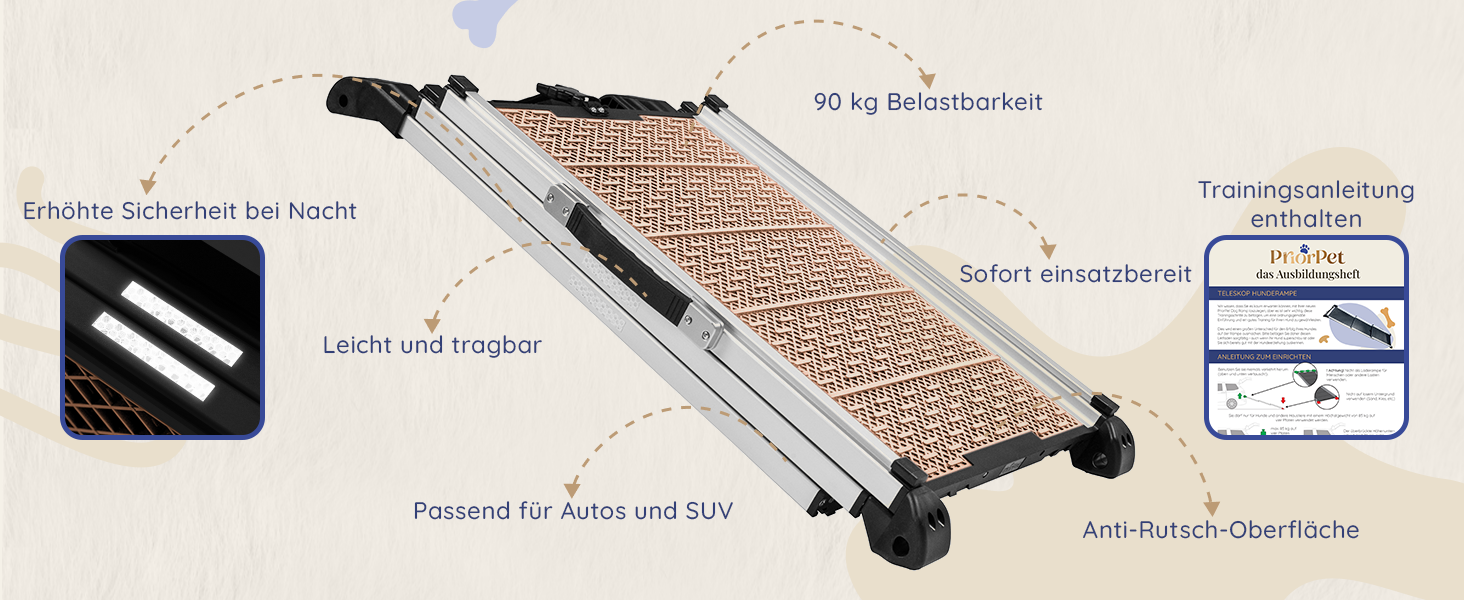 Рампа для собак у машину, складна, телескопічна, до 90 кг, для SUV та легкових автомобілів, з неслизьким покриттям, з кліпсою, з відбиваючими смугами