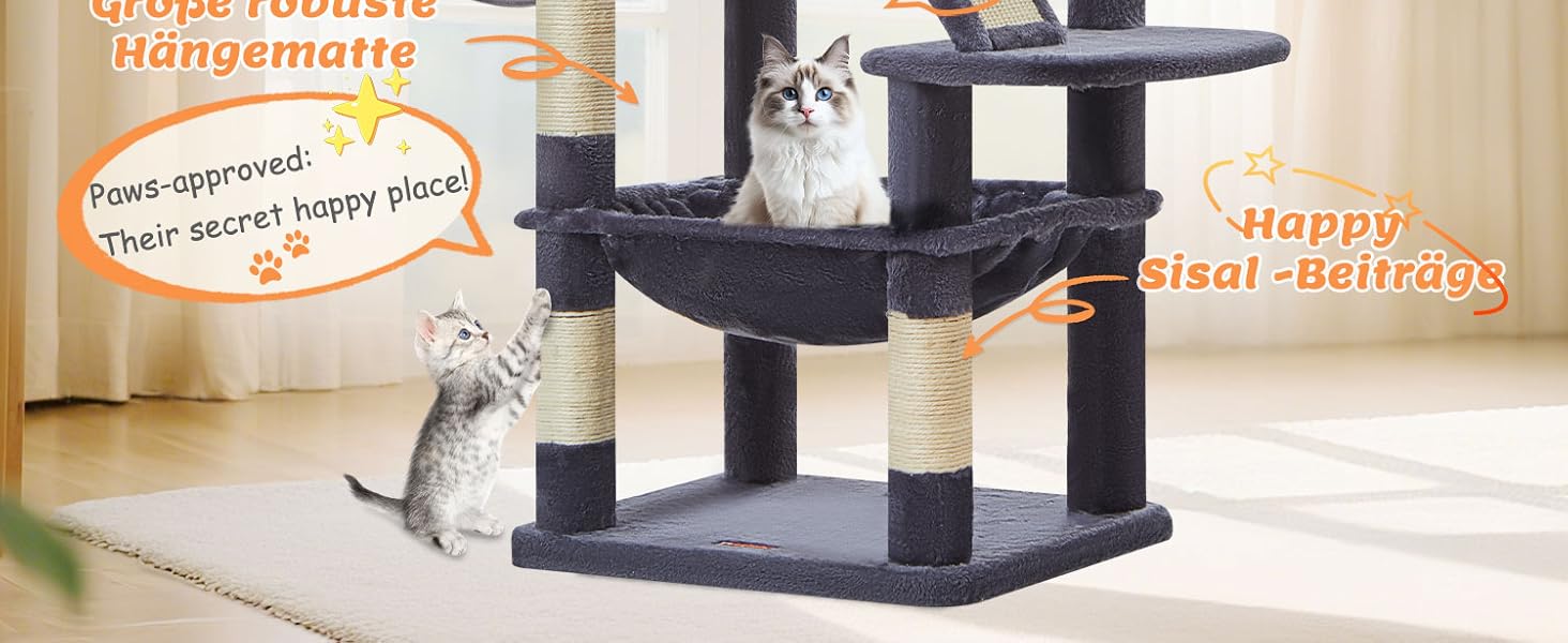 Дерев'яний комплекс для котів Taoqimiao MS026W (темно-сірий, 146 см) з будиночками, гамаком та 8 стовпчиками для шліфування кігтів