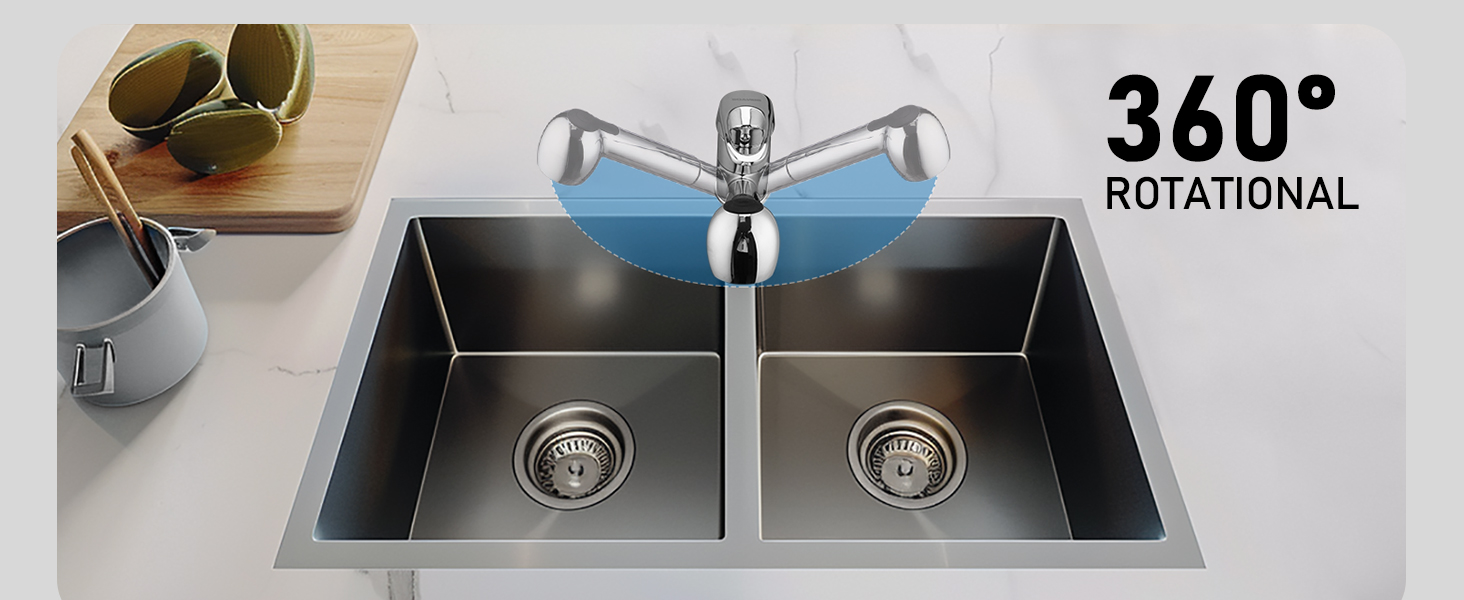 Змішувач кухонний висувний BONADE з подвійною виливом, поворотний на 360°, для кухні, з однією ручкою, хром