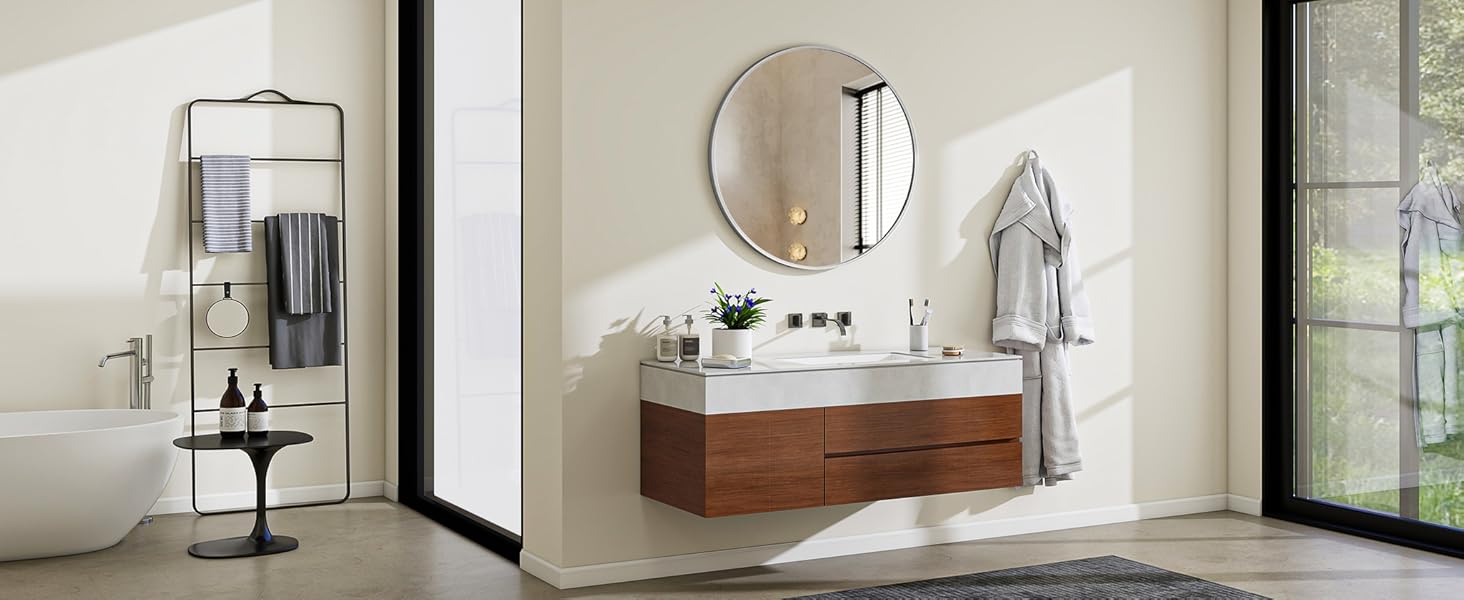 BEAUTYPEAK Круглий дзеркало 60 см срібного кольору з алюмінієвою рамою, безпечне для ванної кімнати, для спальні, вітальні, 60x60 см