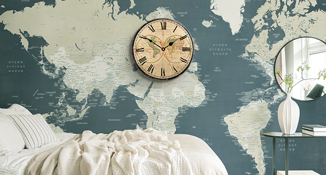 TAHEAT World Map Wall Clock, Large Classic Wooden Clock, Silent Non-Ticking Easy to Read for Home/Office/School, 34 cm