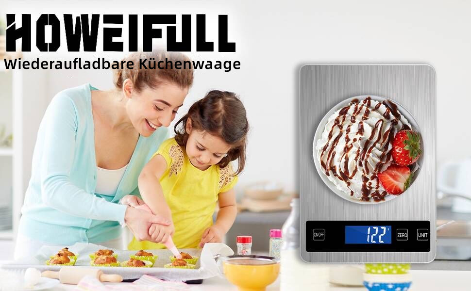 Кухонні ваги HOWEIFULL Digital 15 кг, USB зарядка, нержавіюча сталь, точність 1 г
