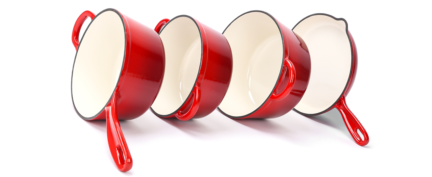 Набір чавунної емальованої посуду Denmay 7 предметів: голландська піч, сковорода, каструля для тушкування, соусник, 3 кришки, червоний. Підходить для всіх типів плит.