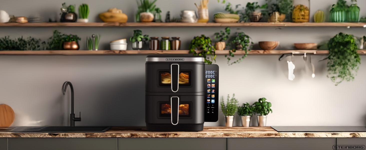 Фритюрниця Steinborg® з подвійною камерою, 11 літрів, фритюрниця без олії, гриль, духовка, сушка, 2 вертикальні шухляди (5,5л+5,5л)
