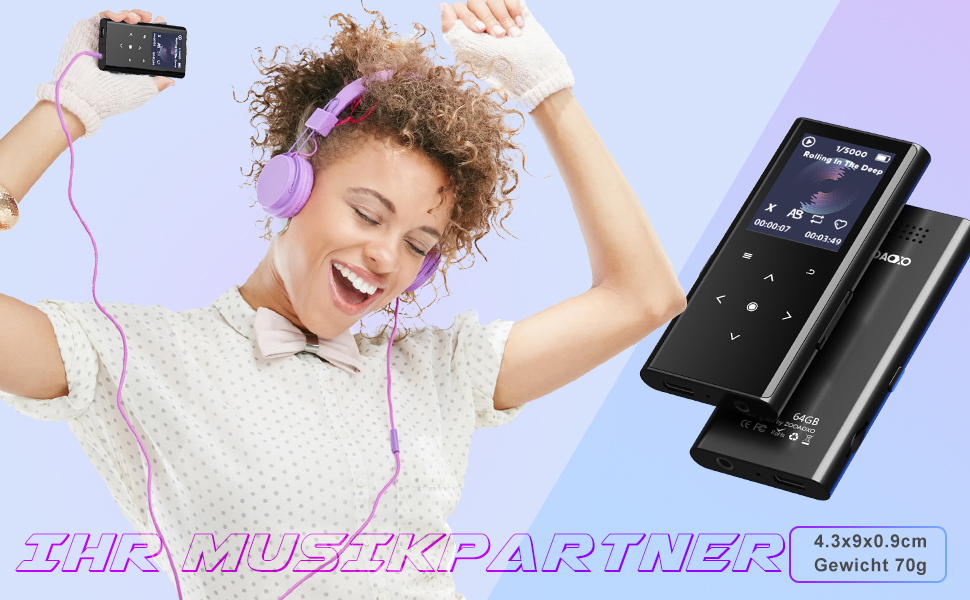 MP3-плеєр ZOOAOXO 64GB з Bluetooth 5.2, радіо, диктофоном та HiFi звуком