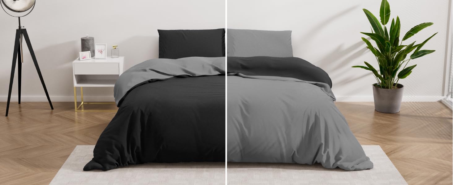 Комплект постільної білизни Dreamzie 240x220 см з 2 наволочками 80x80 см, чорний/темно-сірий. 100% мікрофібра, сертифікат Oeko TEX.