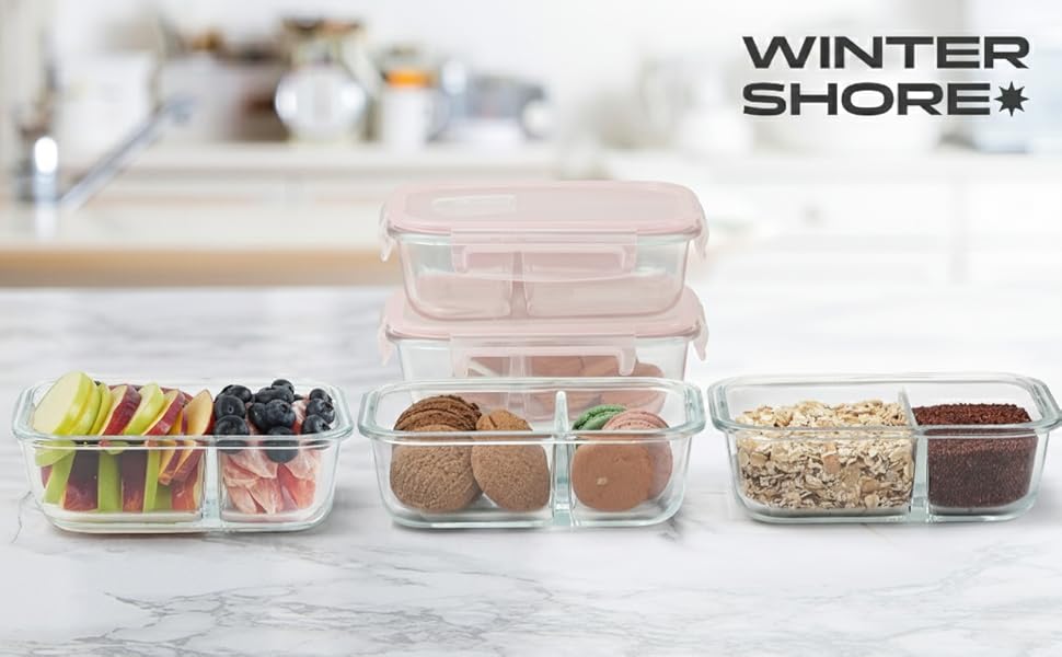 Контейнери для їжі Winter Shore скляні з 2 відділеннями (5 шт) - BPA-free, герметичні, для мікрохвильовки та морозилки (рожеві)