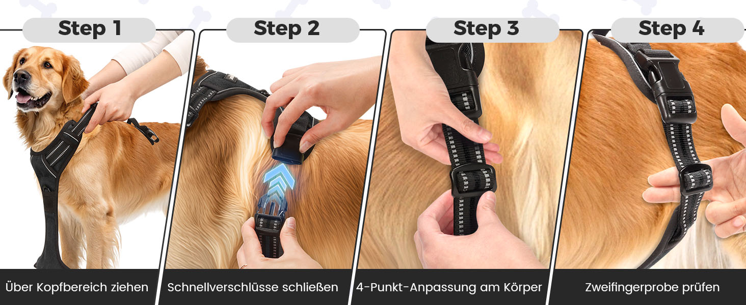 Шлейка для собак Funfox, середнього розміру, анти-тяга, регульована, з ручкою та світловідбиваючими смугами, чорна, L