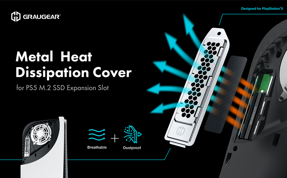 Радіатор охолодження GrauGear для M.2 NVMe SSD, комплект кулера для Playstation 5, PS5 Slim, з теплопровідною кришкою (алюміній) G-PS5HS02