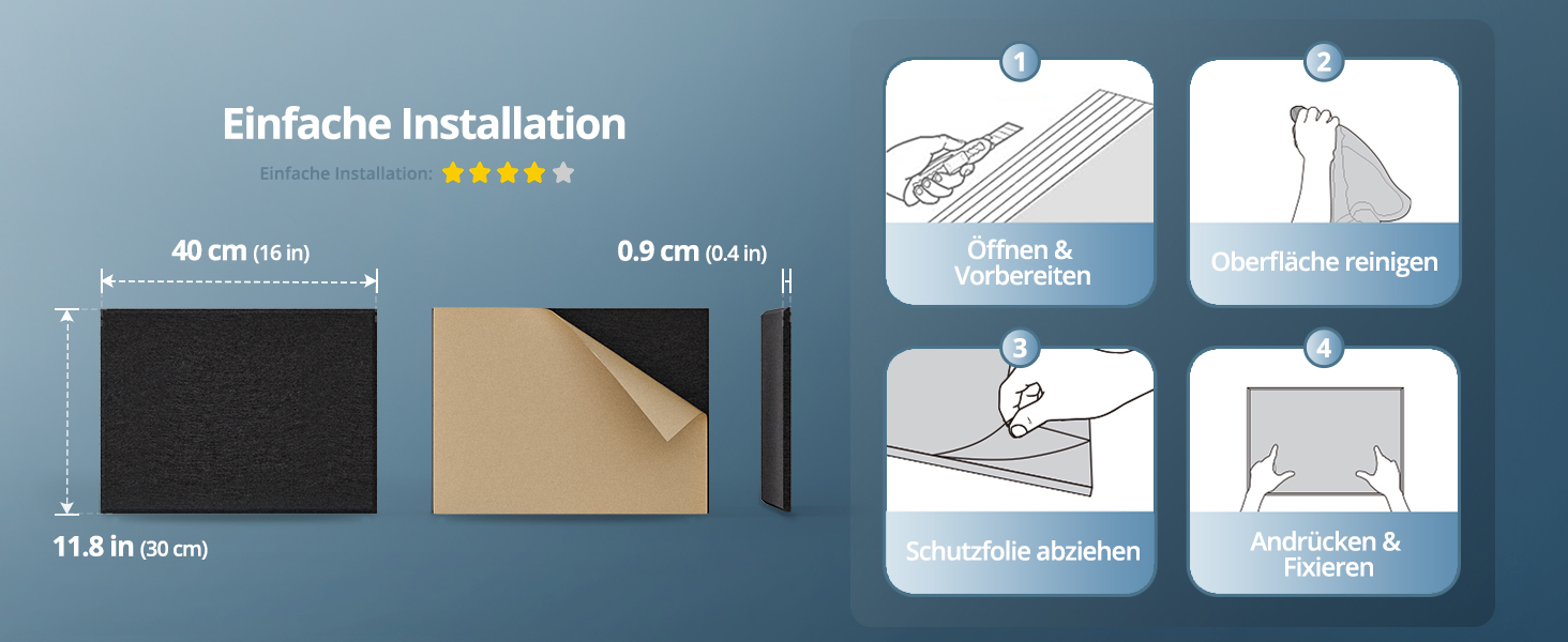 Акустичні панелі для звукоізоляції стін прямокутні, шумопоглинаючі панелі високої щільності з самоклейкою, чорні (30x40x0.9 см, 12 шт)