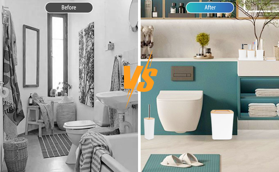 Набір аксесуарів для ванної кімнати з бамбука, 7 предметів: сміттєвий бак, дозатор мила, стакан для ополіскування, мильниця, тримач для зубних щіток, тримач для унітазу, піднос для косметики