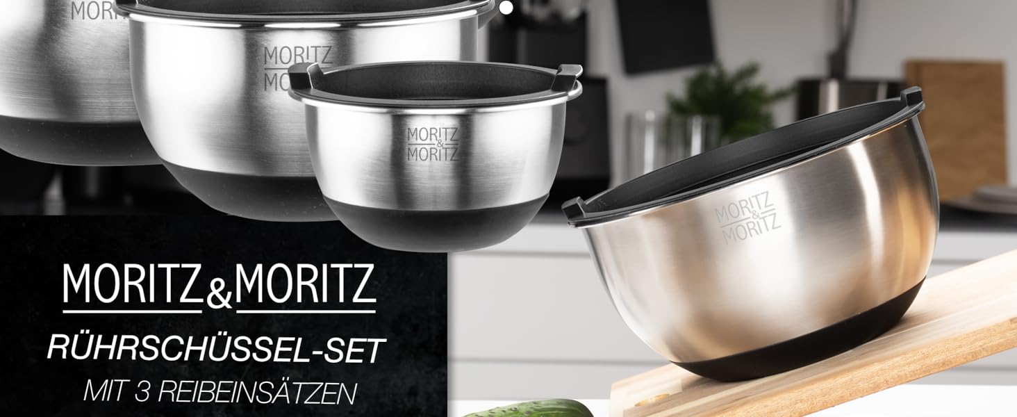 Миска для перемішування Moritz & Moritz 5er з кришкою - 0,6-4,5л - нержавіюча сталь з антиковзними ніжками без BPA - Складається, саладова миска з кришкою та 3 тертки - придатна для миття в посудомийній машині