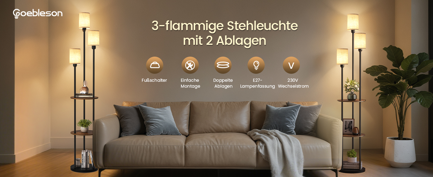 Стельова лампа для вітальні з поличкою, 3-хламкова, вінтажний стиль, бохо, з дерева, з вимикачем на ніжці, E27, ретро, коричнево-бежева ZEF53LDD05