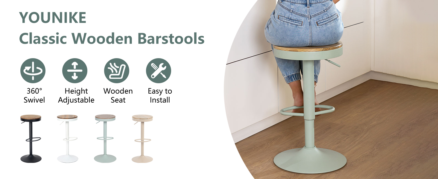 YOUNIKE Adjustable Bar Stools Set of 2 - Wooden Swivel Bar Height Stools with Footrest for Kitchen & Bar - Vintage Green