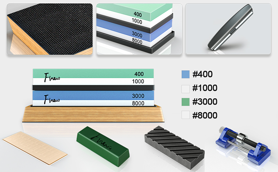 Набір точильних каменів Schleifstein: 400/1000, 3000/8000, з підставкою, зточкою та аксесуарами для ножів