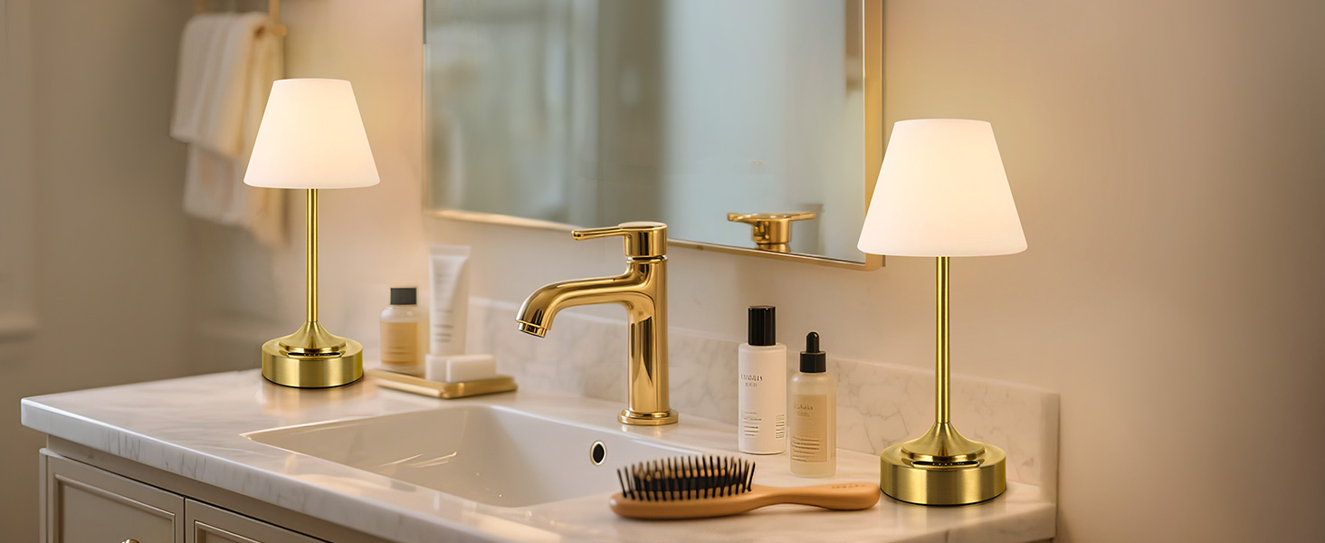 Світлодіодний акумуляторний настільний світильник OUTON 2 шт, USB-C, 3 режими освітлення (3000K-6000K), сенсорне керування, IP54, 53 год, золотий - для ванної, кухні, вулиці