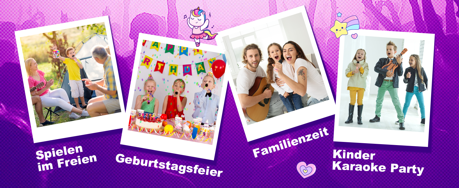 Караоке машина для дітей з 2 мікрофонами, рожева, єдиноріг, 3-12 років