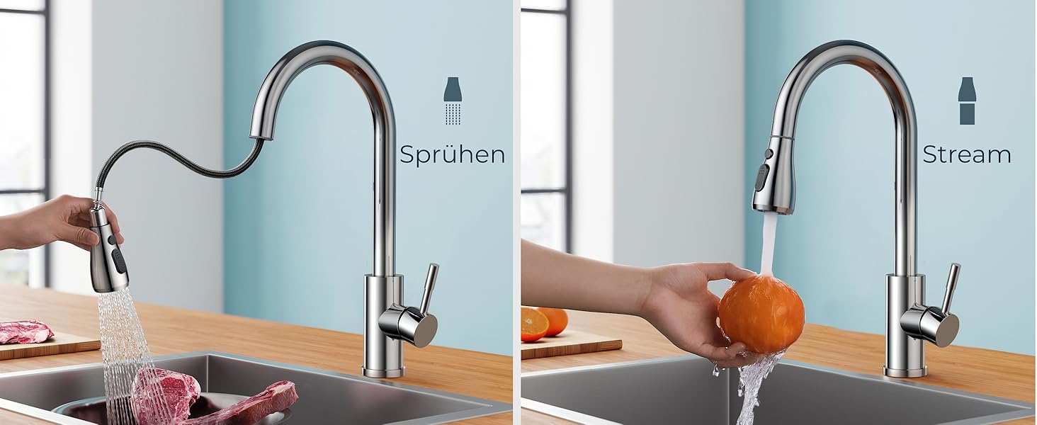 Кран кухонний FORIOUS з висувною лійкою, 360° обертання, 2 режими, хром полірований