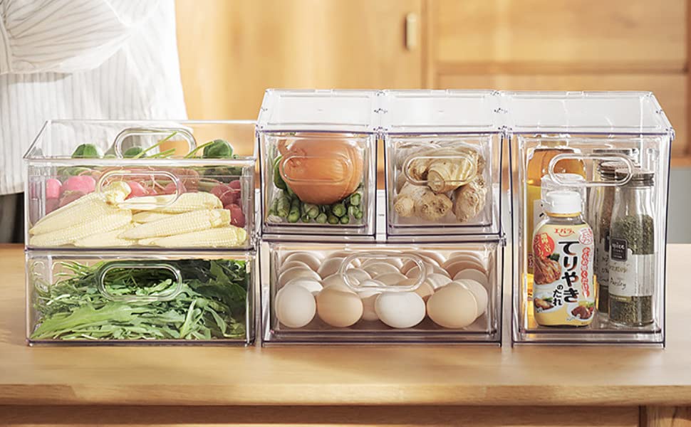 Refrigerator Organizer Drawer Set with Handle, 3-Piece Stackable Kitchen Storage Boxes with Pull-Out Drawer & Lid for Vegetables, Berries, Meat | PET Plastic Food Storage Containers