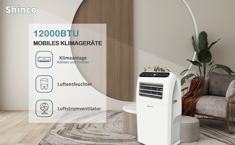 Мобільний кондиціонер SHINCO 3,5kW з випускним шлангом, охолодження/вентиляція/зневоложення, для приміщень до 90м³, білий (12000BTU)