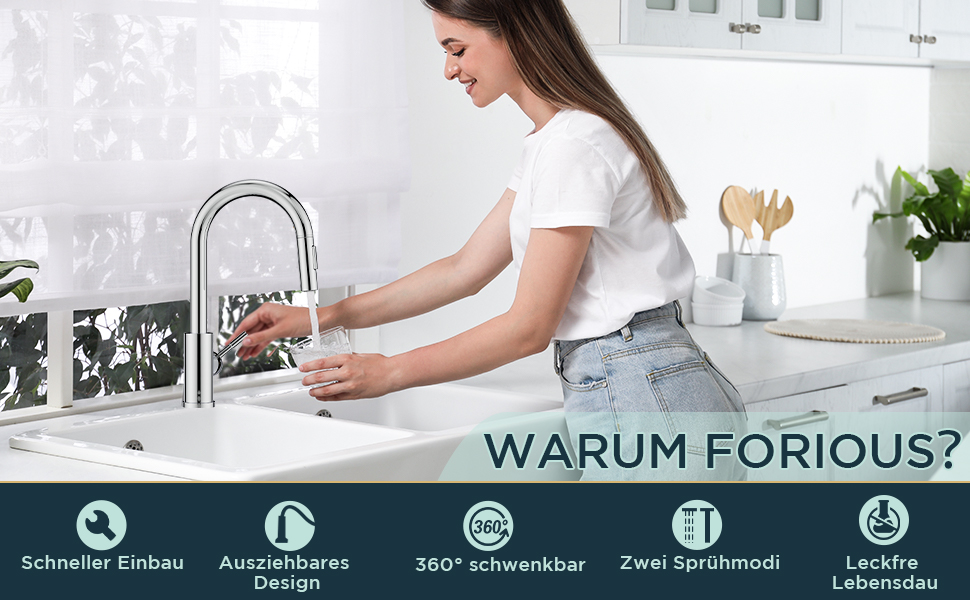 Змішувач кухонний FORIOUS чорного кольору з високим виливом та висувною лійкою, поворотний на 360°, полірований хром