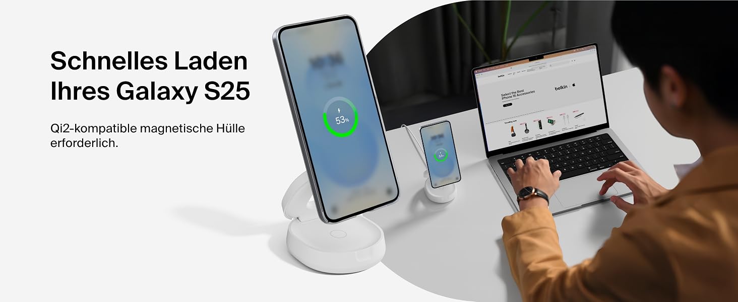 Бездротова зарядна станція 2-в-1 Belkin BoostCharge Qi2 15W MagSafe для iPhone 17, AirPods, Pixel, біла (з адаптером 30 Вт)