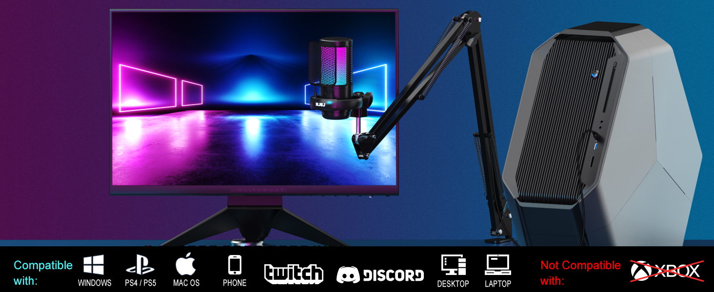 Мікрофон для комп'ютера NJSJ Gaming з тримачем, USB для PC, MAC, PS4/PS5: з кнопкою вимкнення звуку, навушниками, поп-фільтром, конденсаторний кардіоїдний для стрімінгу та подкастів (Чорний)