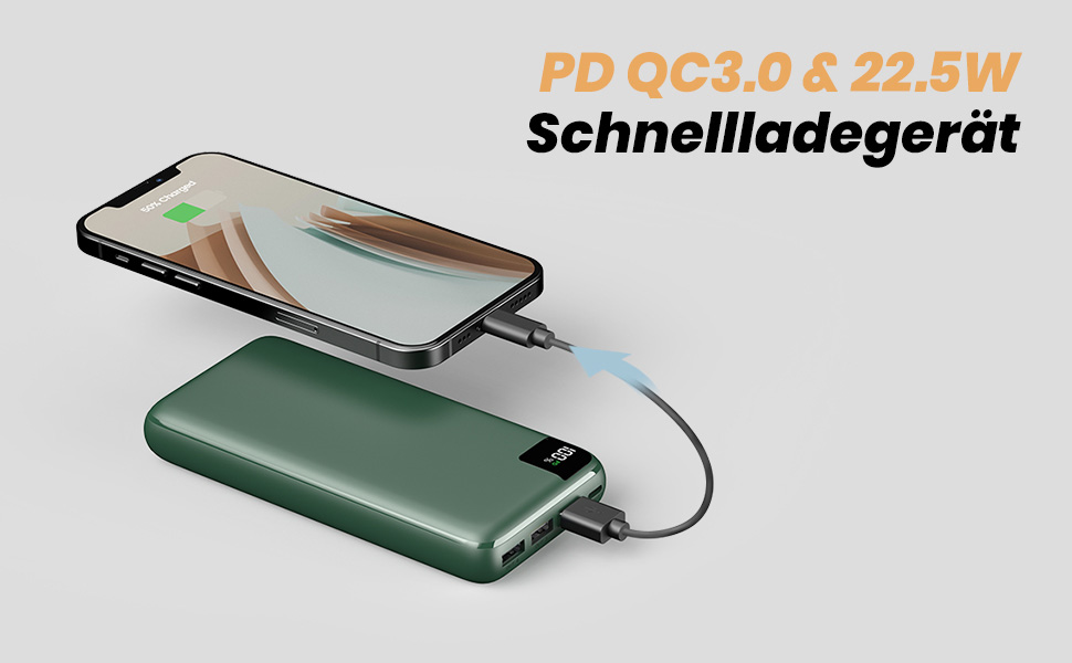 Power Bank Bilivein 27000mAh з LED дисплеєм: швидка зарядка 22,5W, PD/QC, USB-C, для телефонів та планшетів (зелений)