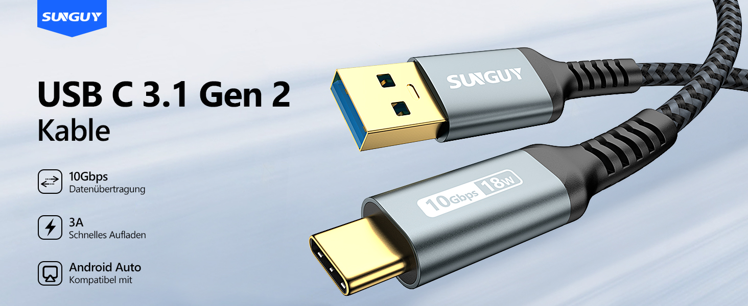 Кабель USB-C SUNGUY 30см, 10Gbps, USB 3.1 Gen 2, сумісний з iPhone 16/15 Pro Max, Galaxy S24, Google Pixel, Android Auto, Huawei P40/P30 (Сірий)