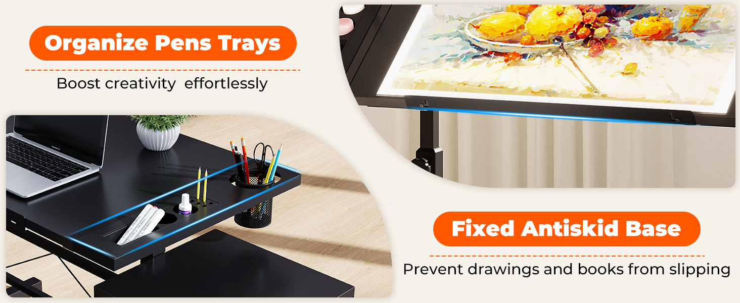 Adjustable Drafting Table with Tilt & Height - Drawing & Computer Desk with Stool & Storage - Wood Finish (Black + Storage Cabinet)