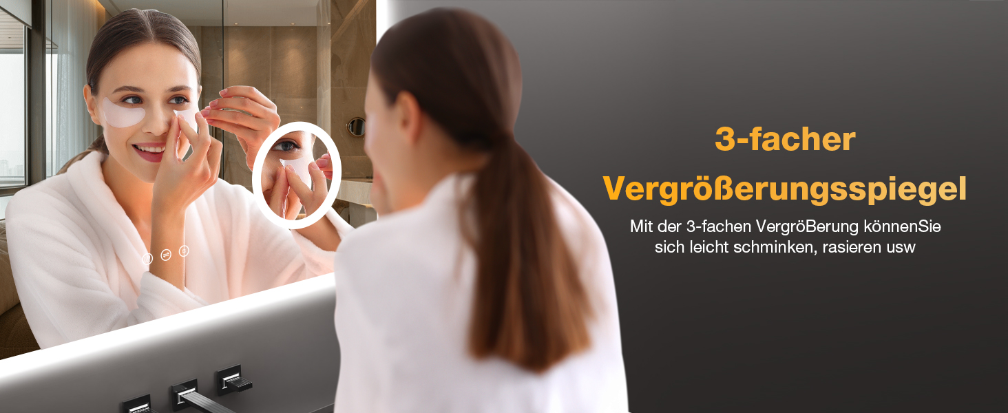 Дзеркало для ванної кімнати з підсвічуванням 80x60 см, 3 кольори, регулювання яскравості, протитуманне покриття, 3x збільшення, розетка для гоління, IP44, для горизонтального/вертикального монтажу