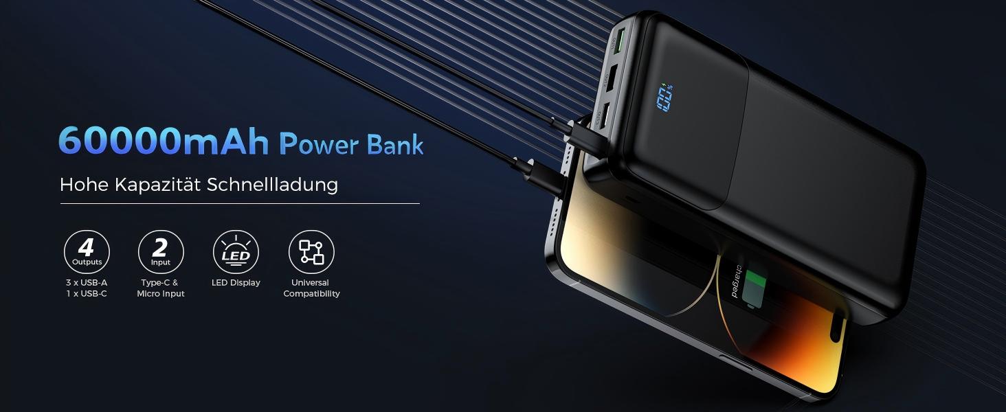 Потужний зовнішній акумулятор Power Bank на 60000 mAh, велика ємність, чорний
