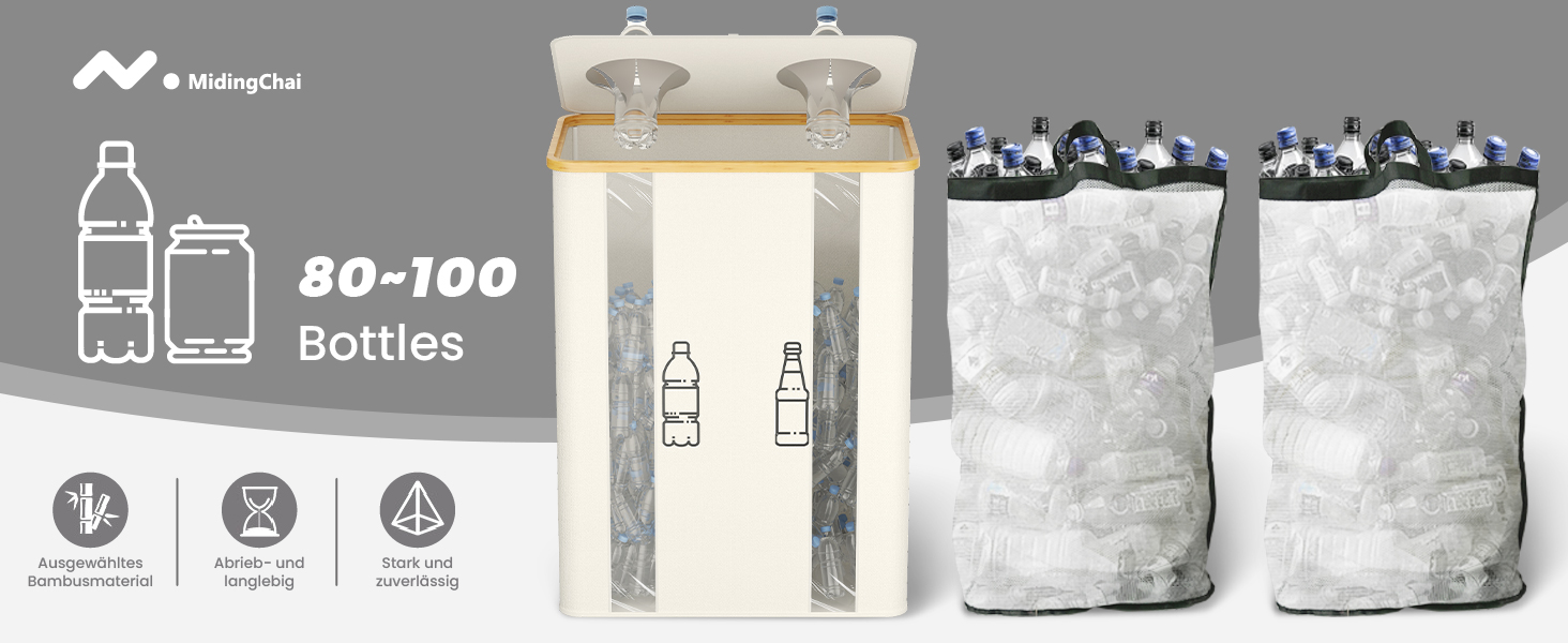 Laundry basket with 2 compartments, deposit bottle collection container with lid, container for deposit bottles, glass recycling, and paper waste collection, deposit bottle container bamboo with bag, must-have (Beige/Cream, XXL)