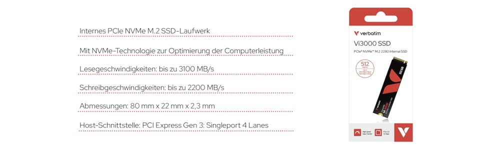Verbatim Vi3000 NVMe SSD 1 TB: Швидкий M.2 SSD для ПК та ноутбука, PCIe Gen 3, 3.100 MB/s
