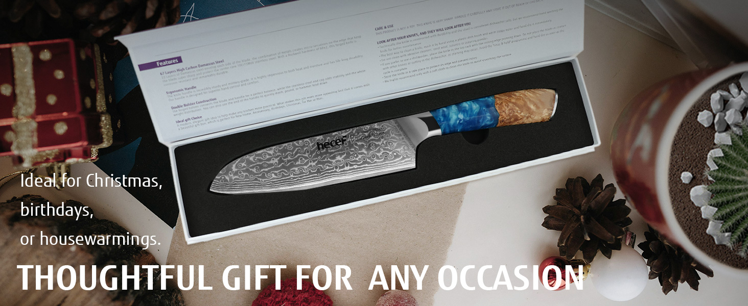 Японський ніж Hecef Damast з високоякісною ручкою з харчової смоли, 20 см. Професійний ніж для кухні з 67 шарів дамаської сталі, гострий, з захистом для леза. Ідеальний подарунок шеф-кухарю та поціновувачу кулінарії.