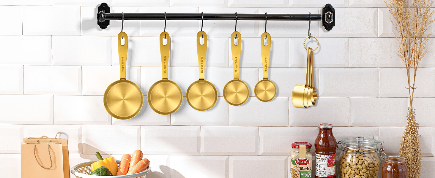 Набір мірних стаканів та ложок Cuteefun Gold, 13 предметів, нержавіюча сталь: мірний стакан 5 чашок, 8 магнітних ложок з рівнем для вимірювання сухих та рідких інгредієнтів для випічки та приготування їжі