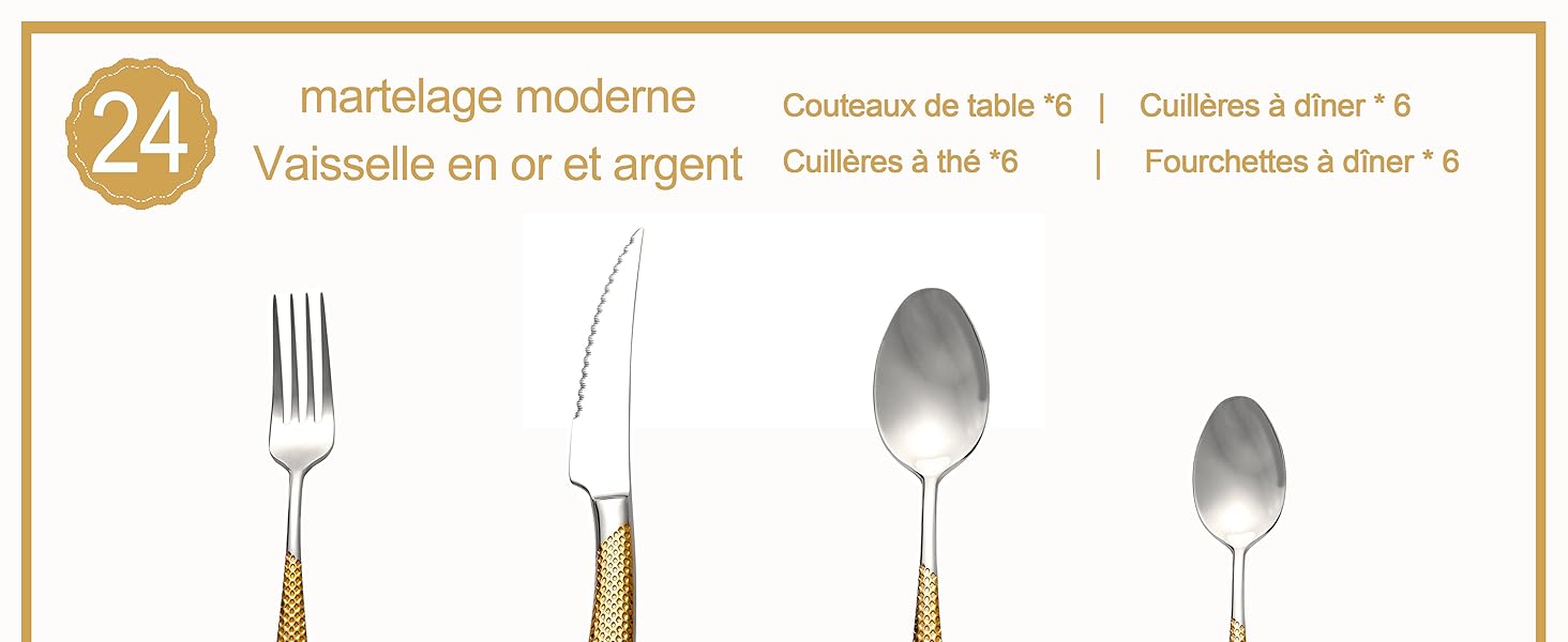 Сучасний набір столових приборів SHEUMNT 24 шт. з нержавіючої сталі 18/10 (золото, срібло) з гострим ножем 2-в-1, набір столових приборів для 6 осіб