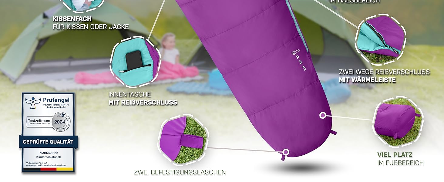 Дитячий спальний мішок для хлопчиків та дівчаток до 145 см | 100% бавовна | Мумійний спальник для кемпінгу | Легкий та теплий [1200г] | Кольори: фіолетовий/бірюзовий