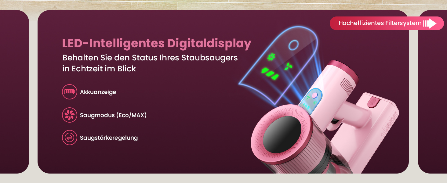 Бездротовий пилосос Dzaki 50000Pa з акумулятором, дисплеєм, функцією паркування та насадкою Anti-Tangle для килимів, твердих поверхонь, шерсті тварин та авто (помаранчево-рожевий)