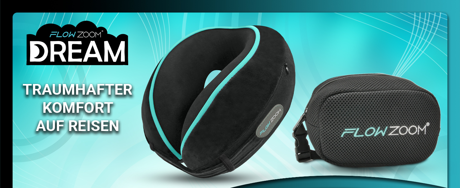 Подушка для шиї FLOWZOOM Comfy для подорожей: регульована, з memory foam, для автомобіля та літака, 360° підтримка, дихаючий чохол, з транспортним мішечком, сіра (Dream - чорна)