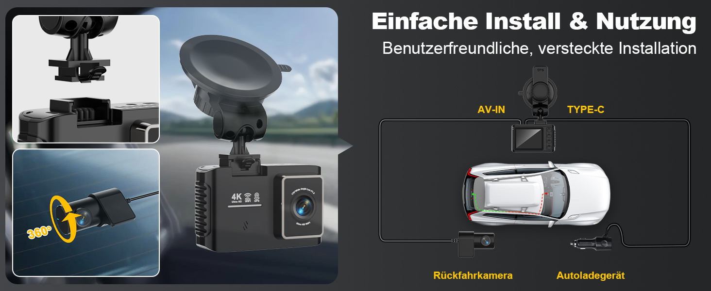 Автомобільний відеореєстратор 4K з GPS та 5GHz WiFi, передня та задня камери, 2.0