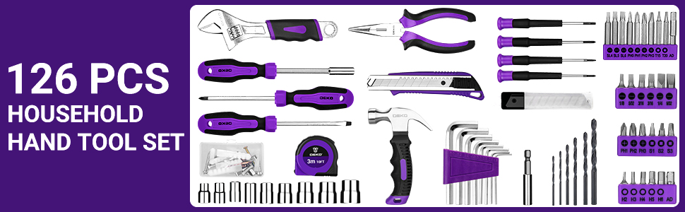 Набір інструментів DEKO 126-tlg. з акумуляторною дрилем: кейс, ящик, професійний набір для дому, офісу та саду, фіолетовий