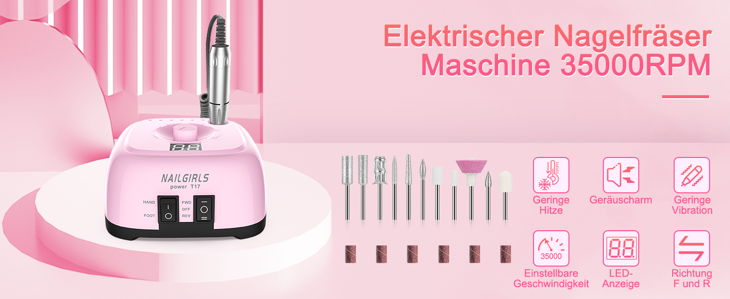 Електричний фрезер для нігтів Nailgirls 11 в 1 з педаллю, 35000 об/хв, для гель-лаку, манікюру та педикюру (Рожевий)