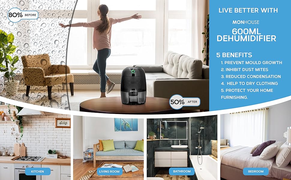 MONHOUSE Зволожувач повітря 600 мл Портативний - Міні зволожувач для дому, спальні, авто, офісу, гаража. Електричний, чорний