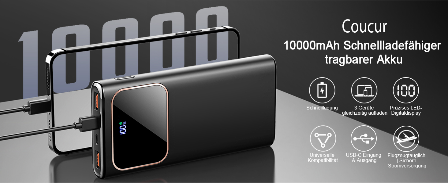 Power Bank 10000mAh з LED-дисплеєм, 22.5W PD3.0/QC4.0, USB-C, чорний