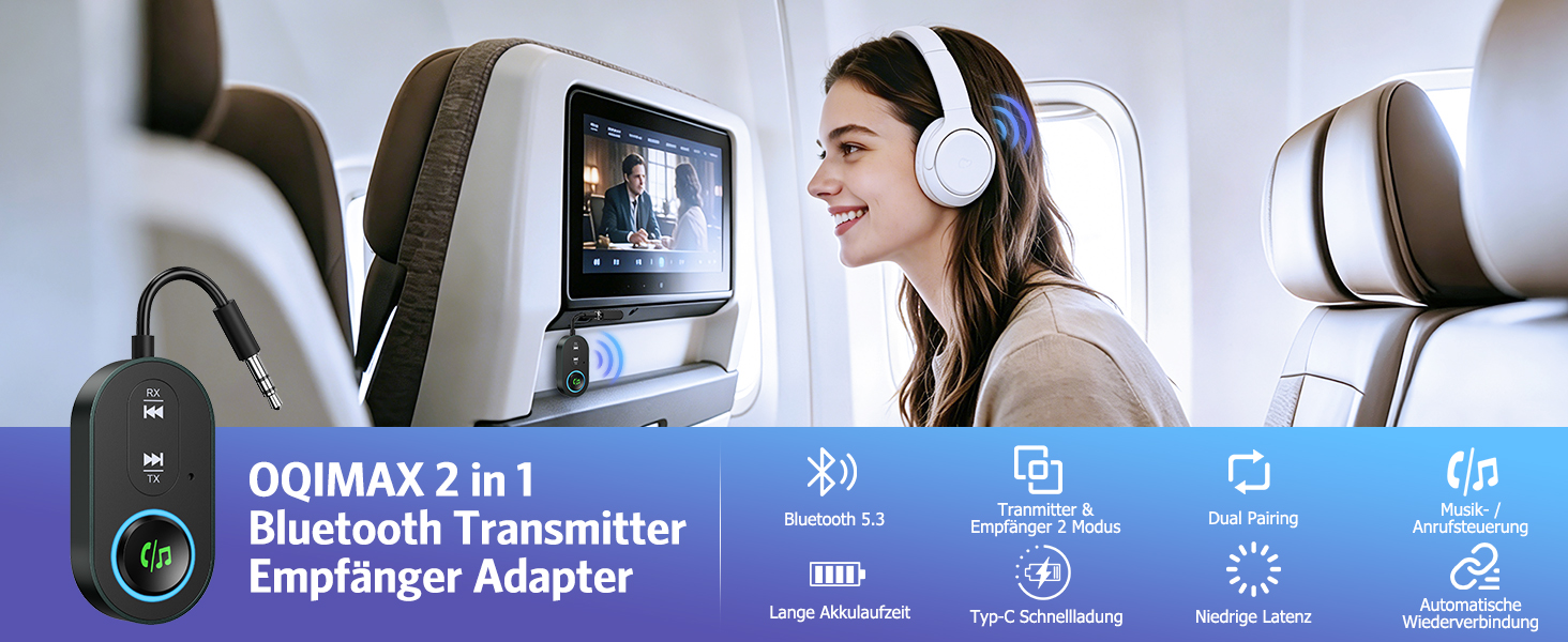 Bluetooth 5.3 адаптер 2-в-1: трансмітер та ресивер для передачі аудіо, чорний