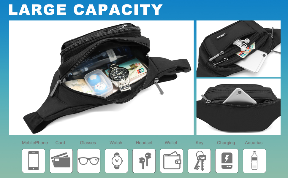 Чоловіча/жіноча поясна сумка-бананка з дощовиком, велика, з нейлону, 5 відділень на блискавці, для туризму, спорту, прогулянок з собакою (Чорна)