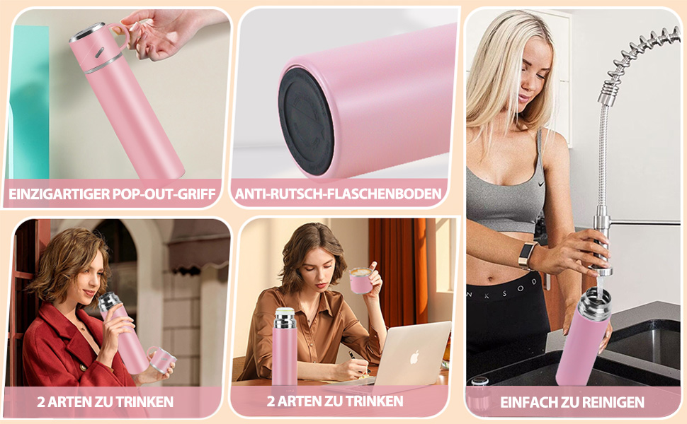 Термос IAGORYUE з нержавіючої сталі, 0.55л, з ізоляцією та кришкою без витоку, з ручкою. Подвійні стінки, зберігає температуру 12 годин. Для спорту, офісу, відпочинку на природі (Рожевий)