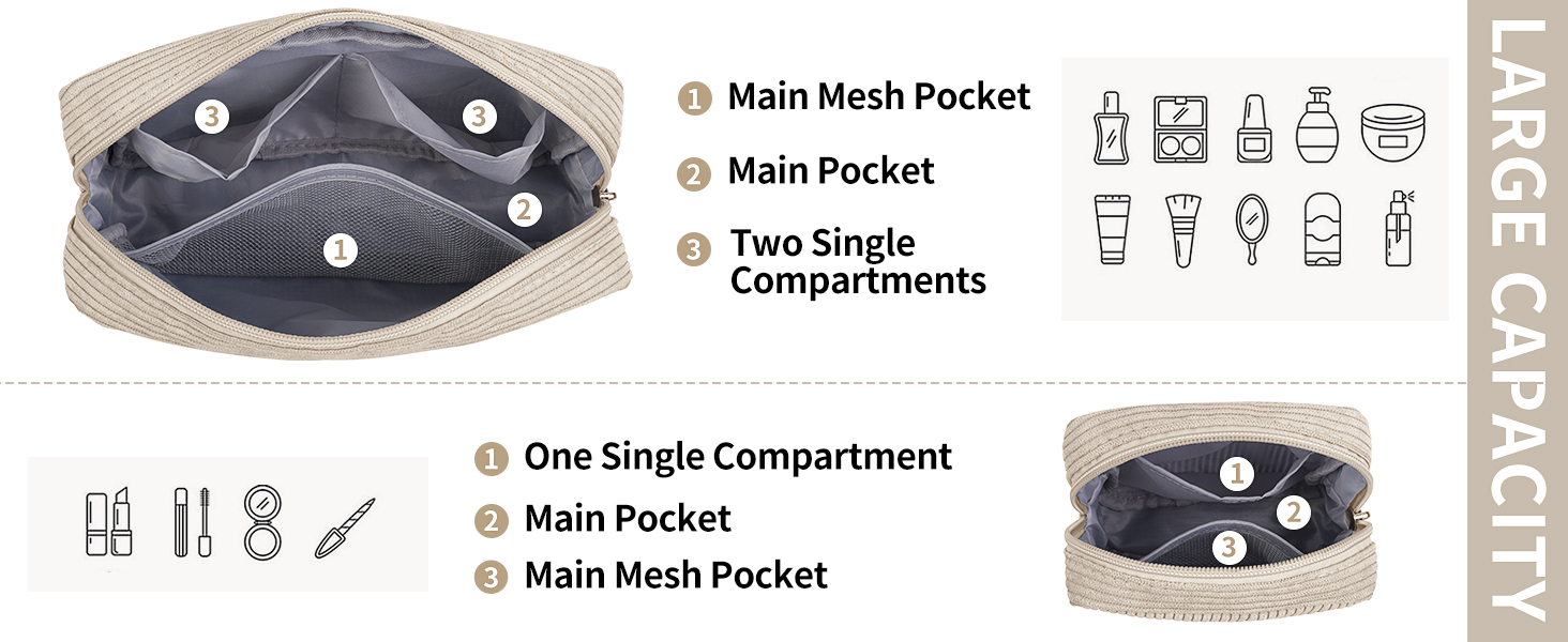Косметичка MAGEFY для макіяжу: 2 шт. у наборі, з відділеннями, з корду, для подорожей, бежевий колір